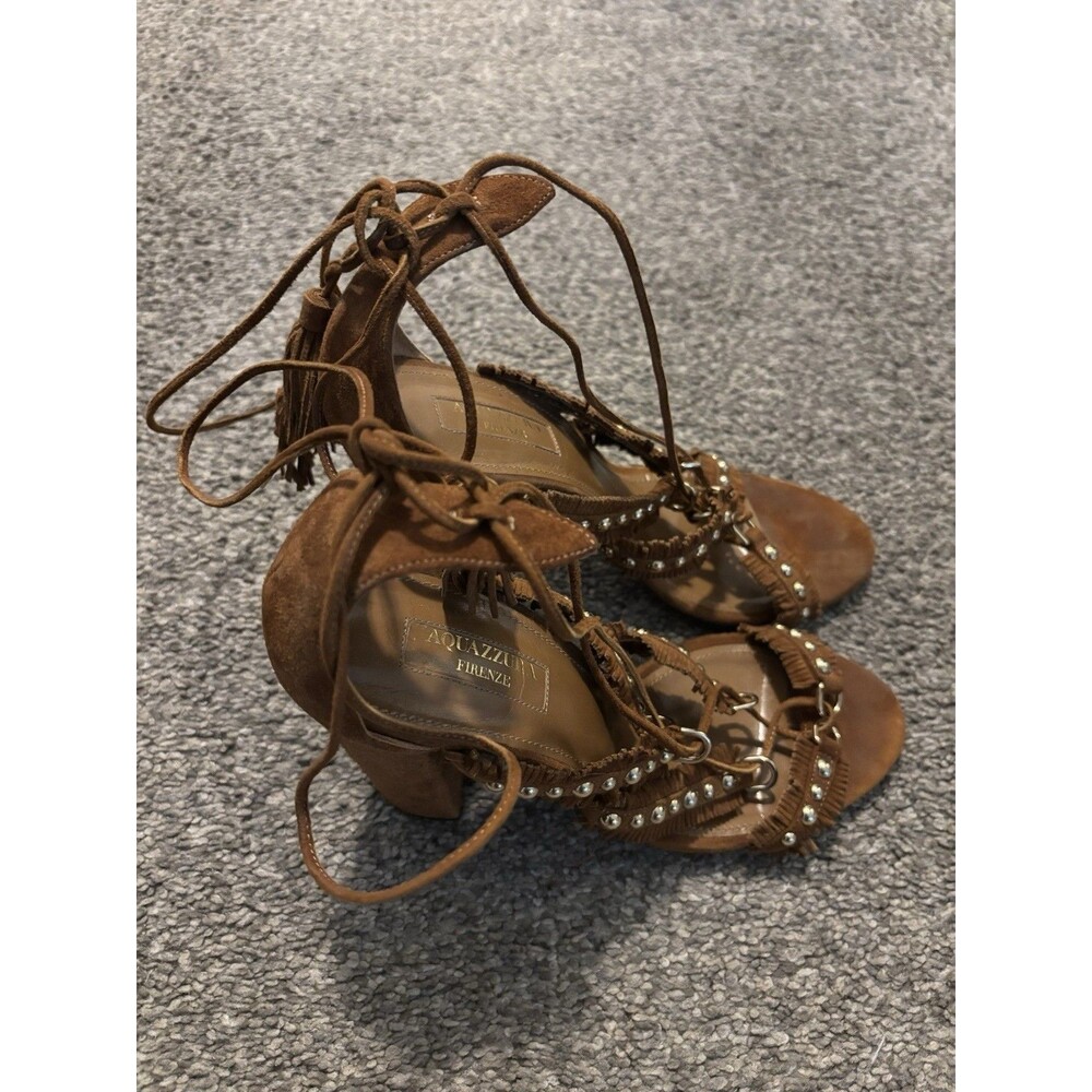 AQUAZZURA FIRENZE Tulum Fringed Cognac Suede Hi Heel Sandals Sz‎ 37.5 US 7.5